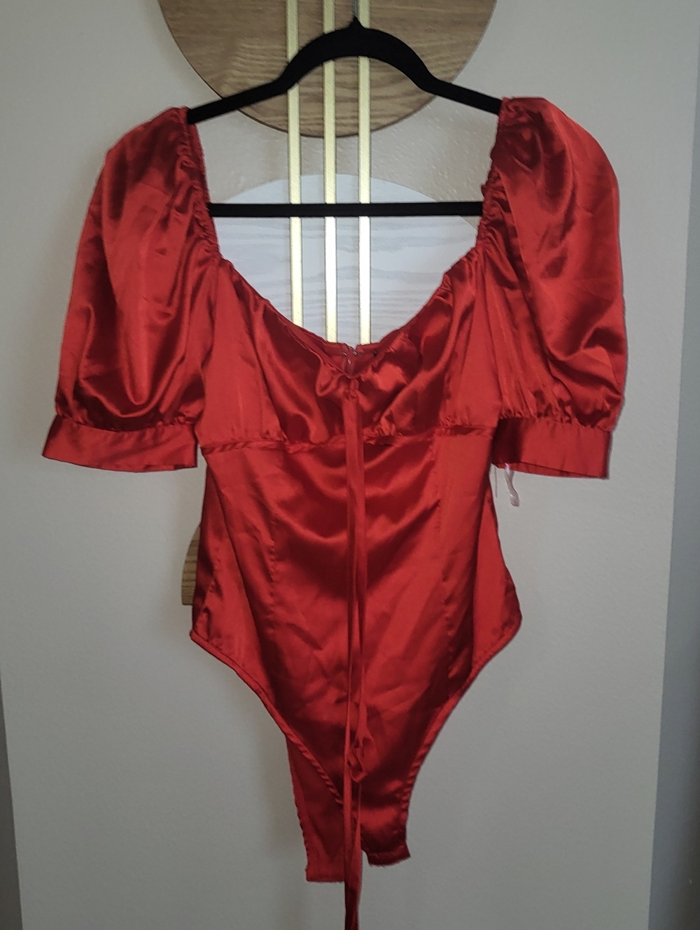 Alpha & Omega Women's Size S Vibrant Burnt Orange Satin Puff Sleeve Bodysuit